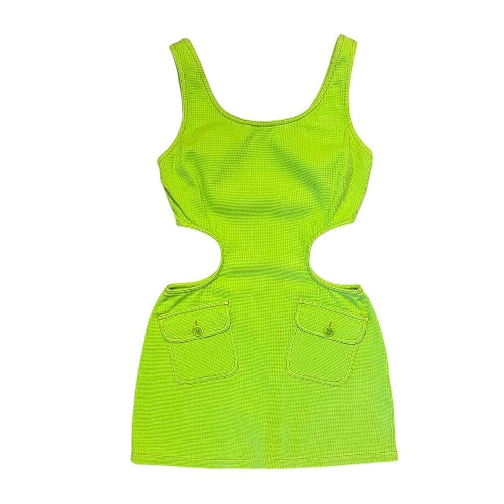 Vintage 90s Moschino Lime Green Retro-Inspired Cut-Out Mini Dress Size 8